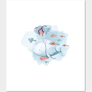 Cute watercolor birthday whale illustration Posters and Art